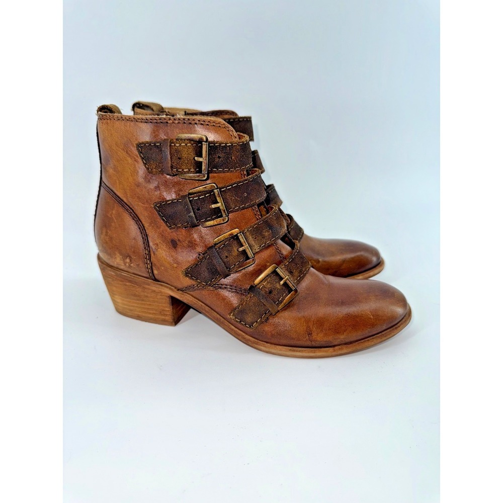 BED|STU ROAN Brown Leather Boots 4 Buckle Block Heel Moto Boho Western Sz 7.5